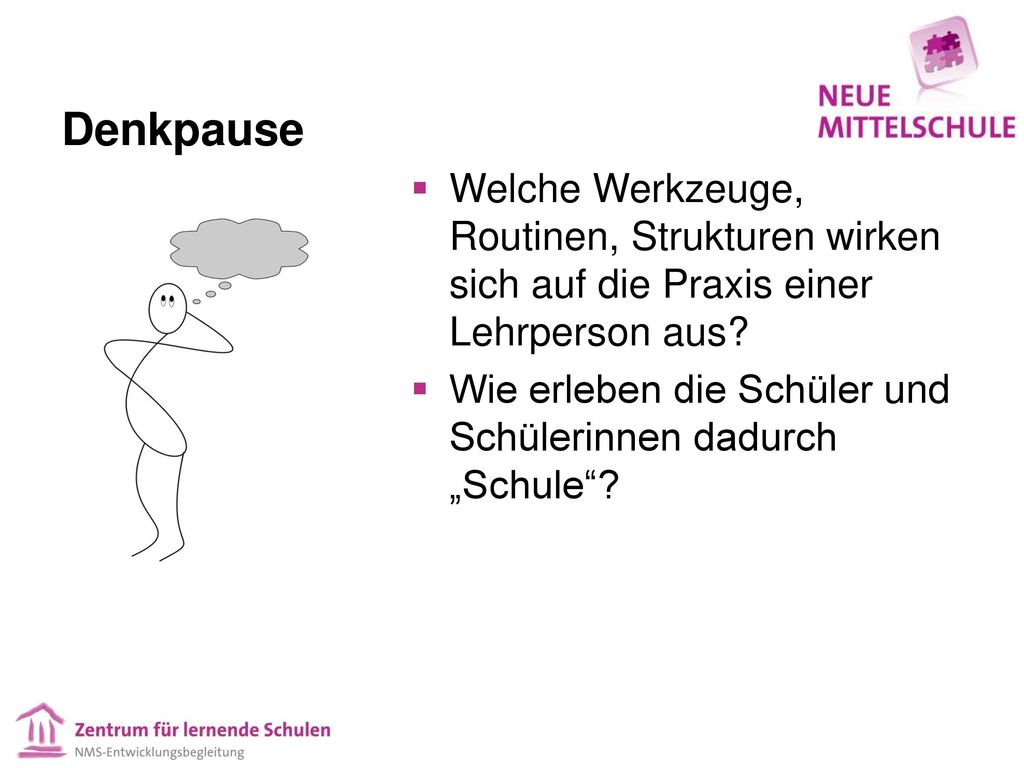 Denkpause Welche Werkzeuge, Routinen, Strukturen wirken sich auf die Praxis einer Lehrperson aus