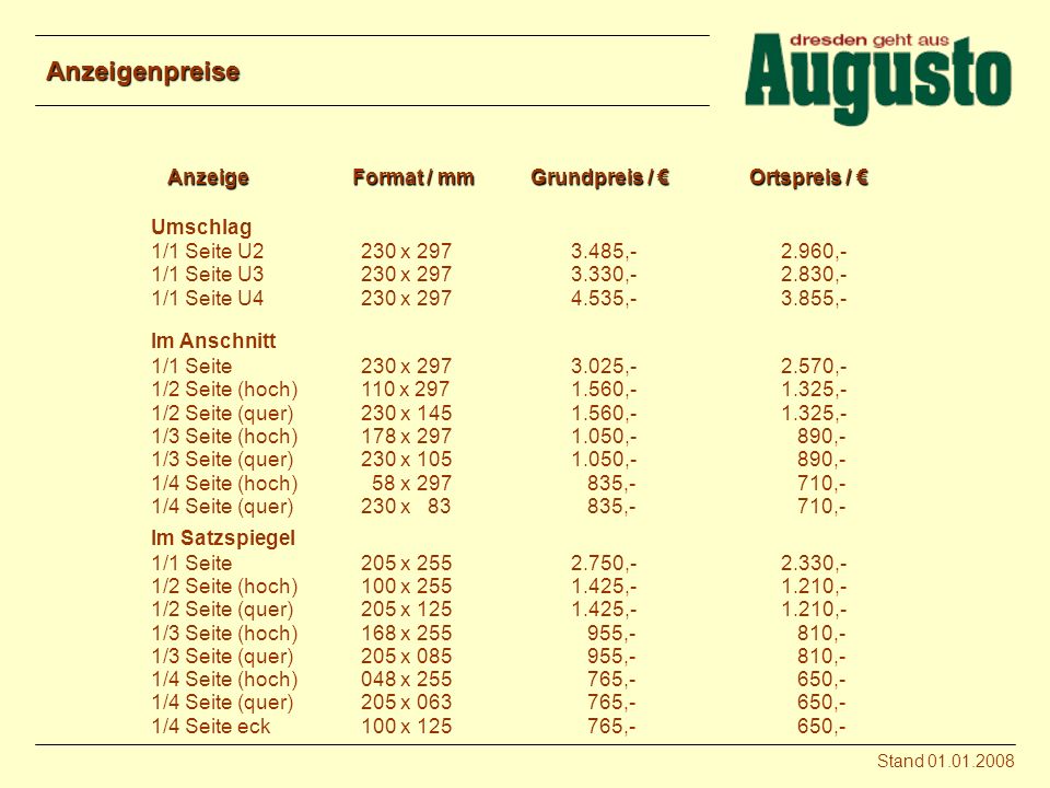 Anzeigenpreise Anzeige Format / mm Grundpreis / € Ortspreis / €