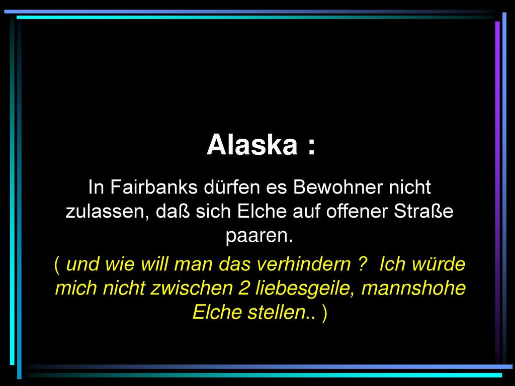 Alaska : In Fairbanks dürfen es Bewohner nicht zulassen, daß sich Elche auf offener Straße paaren.