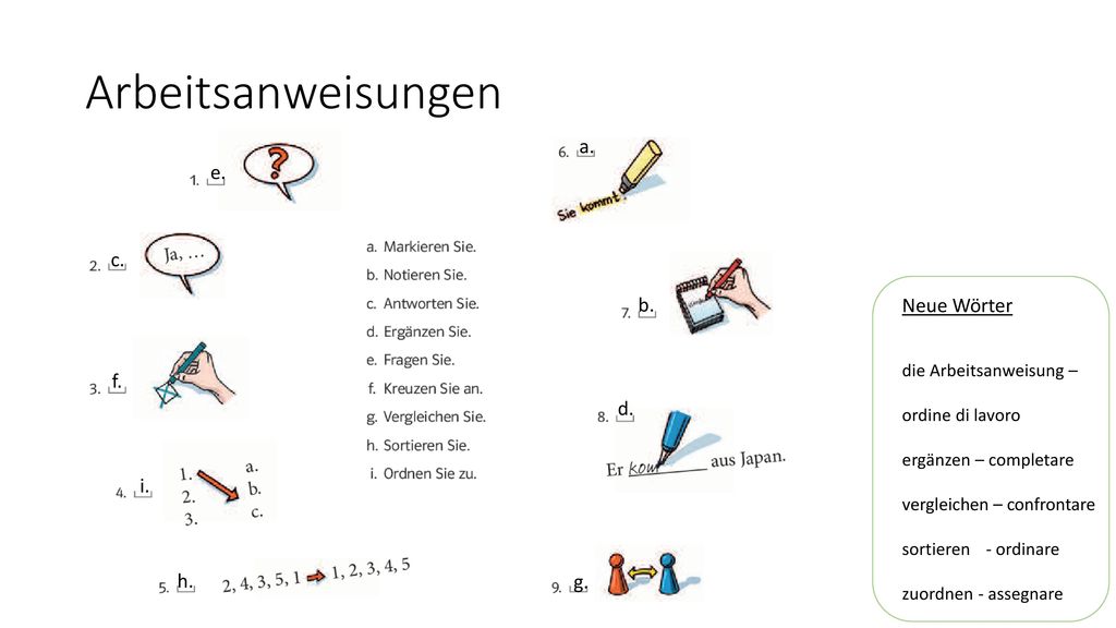 Arbeitsanweisungen a. e. c. b. Neue Wörter f. d. i. h. g.