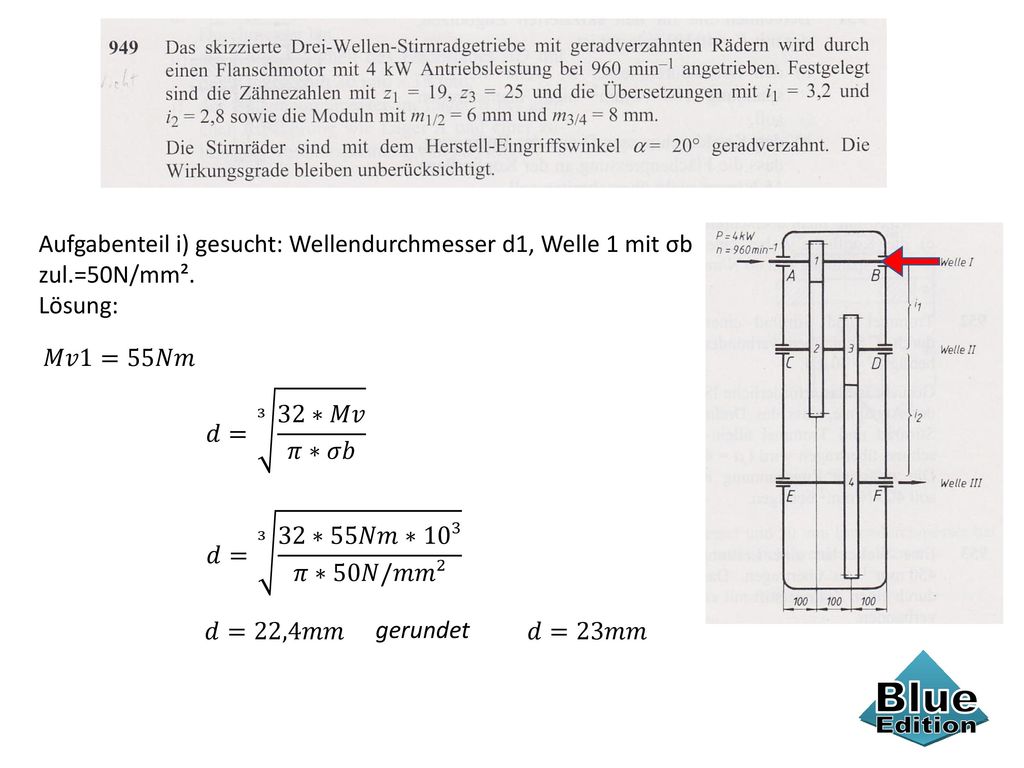 Aufgabenteil i) gesucht: Wellendurchmesser d1, Welle 1 mit σb zul