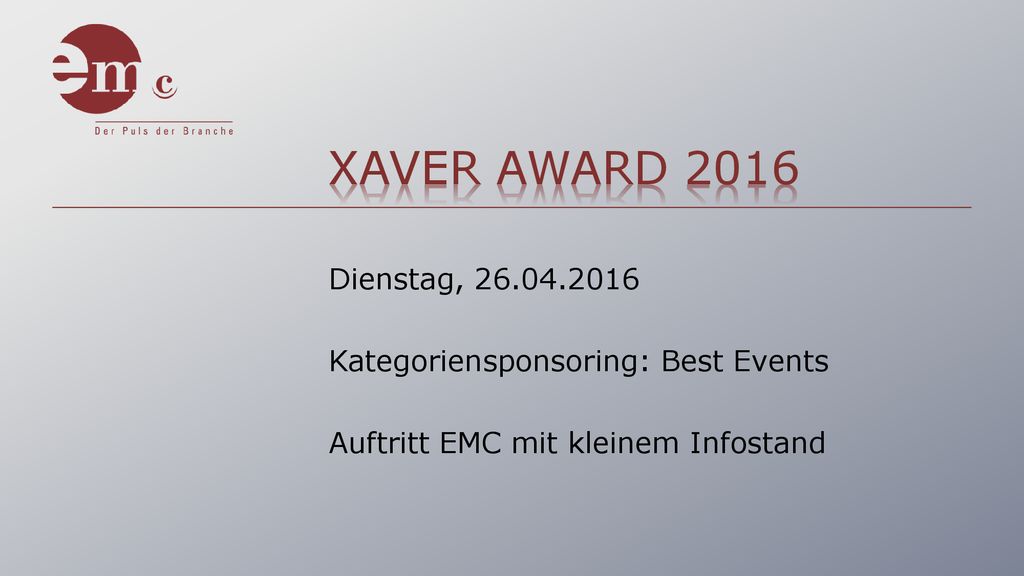 XAVER AWARD 2016 Dienstag, Kategoriensponsoring: Best Events.