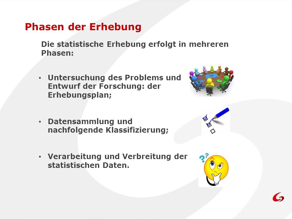 Phasen der Erhebung Die statistische Erhebung erfolgt in mehreren Phasen: Untersuchung des Problems und Entwurf der Forschung: der Erhebungsplan;