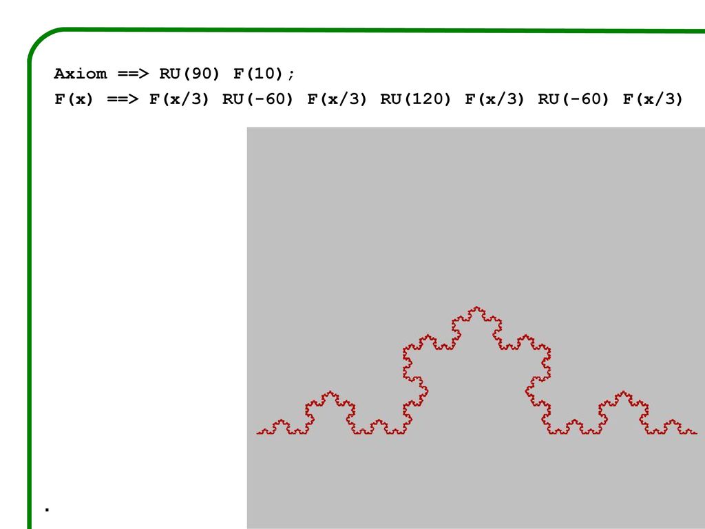 Axiom ==> RU(90) F(10); F(x) ==> F(x/3) RU(-60) F(x/3) RU(120) F(x/3) RU(-60) F(x/3) .
