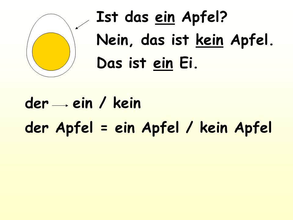 Ist das ein Apfel. Nein, das ist kein Apfel. Das ist ein Ei.