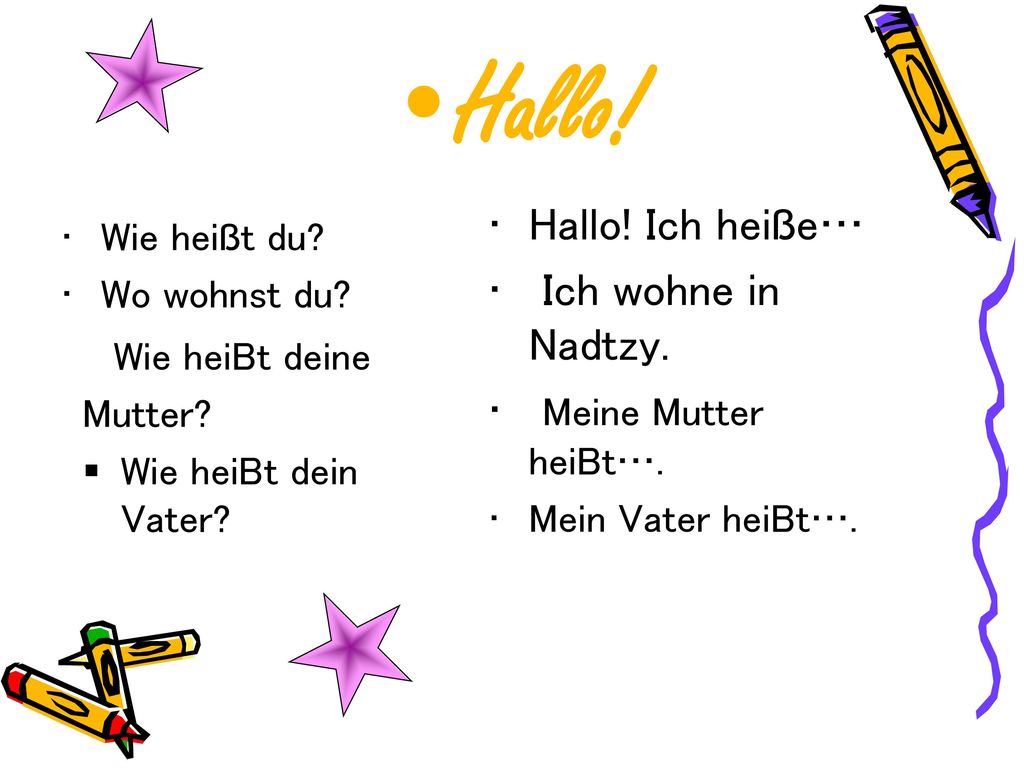 Hallo! Hallo! Ich heiße… Ich wohne in Nadtzy. Meine Mutter heiBt….