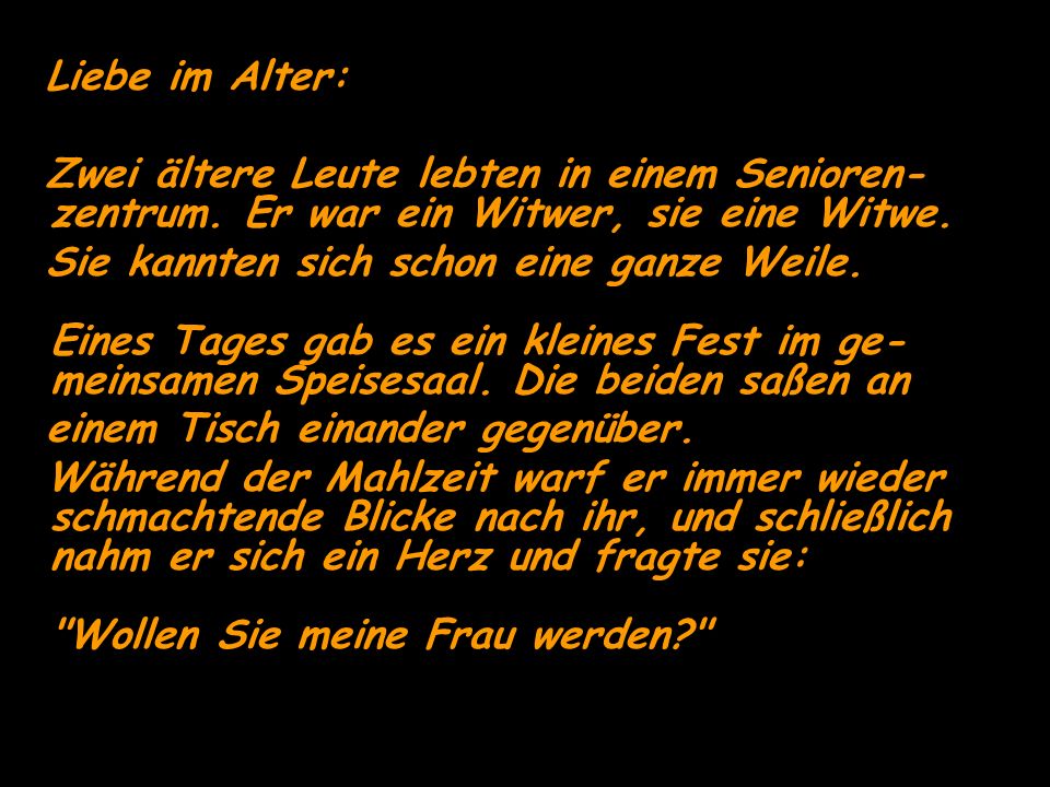 Liebe im Alter: Zwei ältere Leute lebten in einem Senioren-zentrum. Er war ein Witwer, sie eine Witwe.