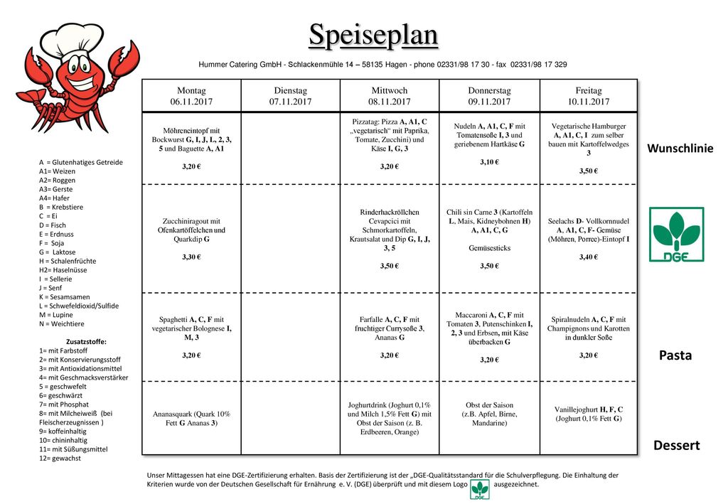 Speiseplan Pasta Dessert Wunschlinie Montag Dienstag