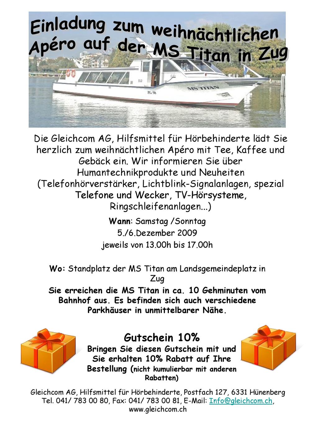 Einladung zum weihnächtlichen Apéro auf der MS Titan in Zug