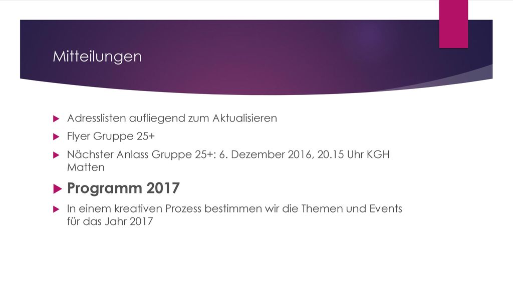 Mitteilungen Programm 2017 Adresslisten aufliegend zum Aktualisieren