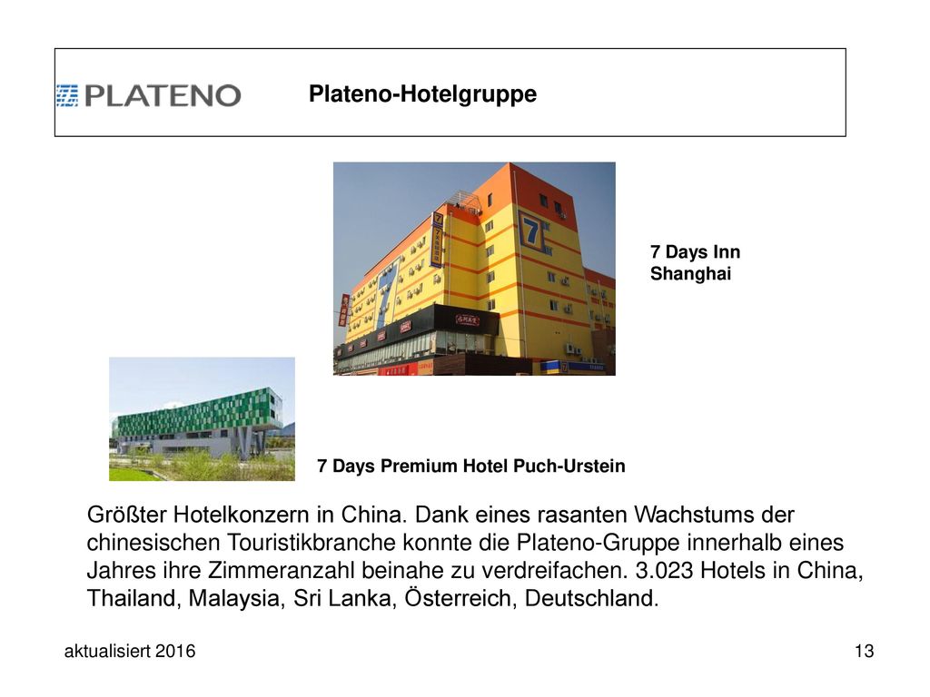 Plateno-Hotelgruppe 7 Days Inn Shanghai. 7 Days Premium Hotel Puch-Urstein.