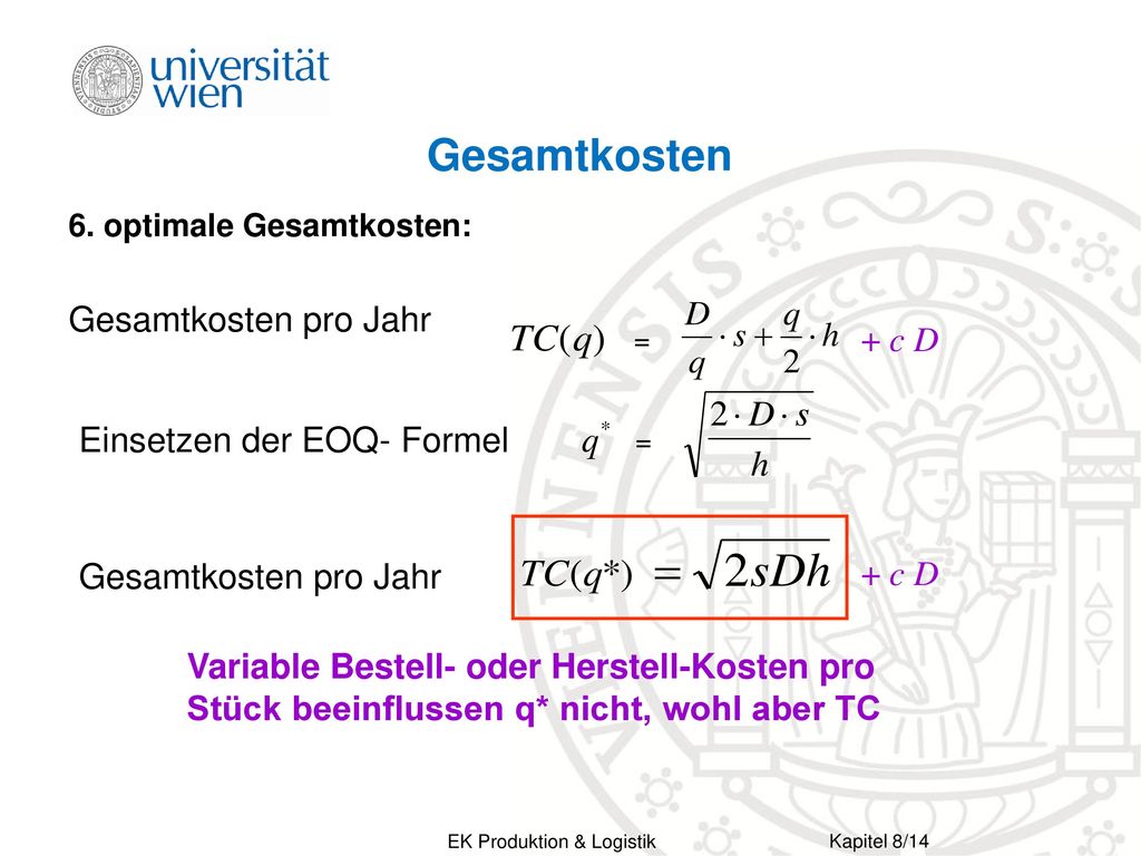 Gesamtkosten Gesamtkosten pro Jahr + c D Einsetzen der EOQ- Formel