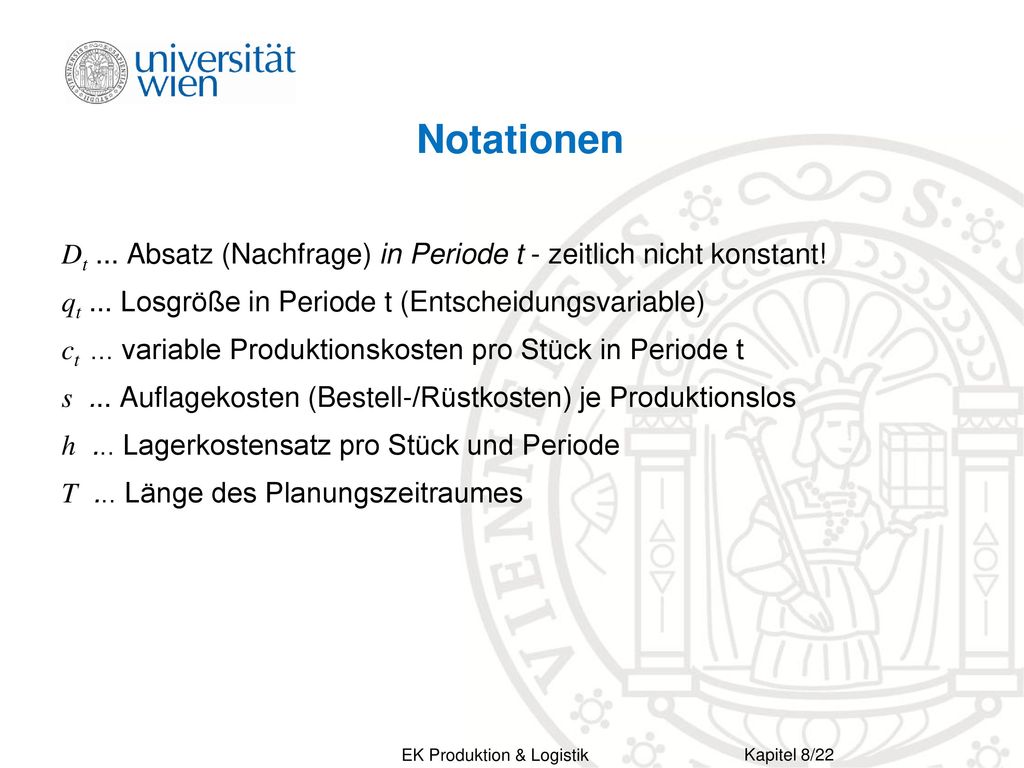 Notationen Dt ... Absatz (Nachfrage) in Periode t - zeitlich nicht konstant! qt ... Losgröße in Periode t (Entscheidungsvariable)
