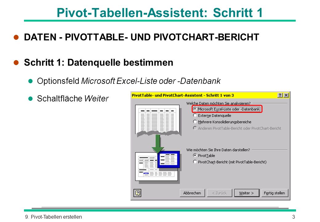 Pivot-Tabellen-Assistent: Schritt 1