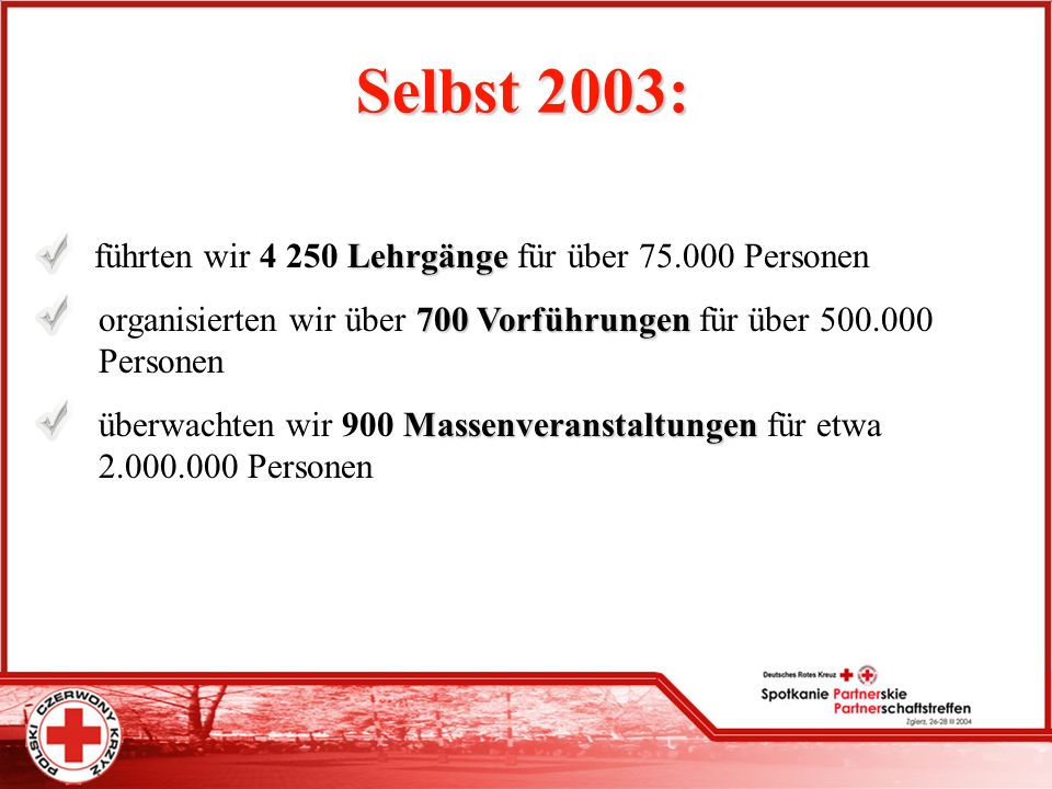 Selbst 2003: führten wir Lehrgänge für über Personen. organisierten wir über 700 Vorführungen für über Personen.