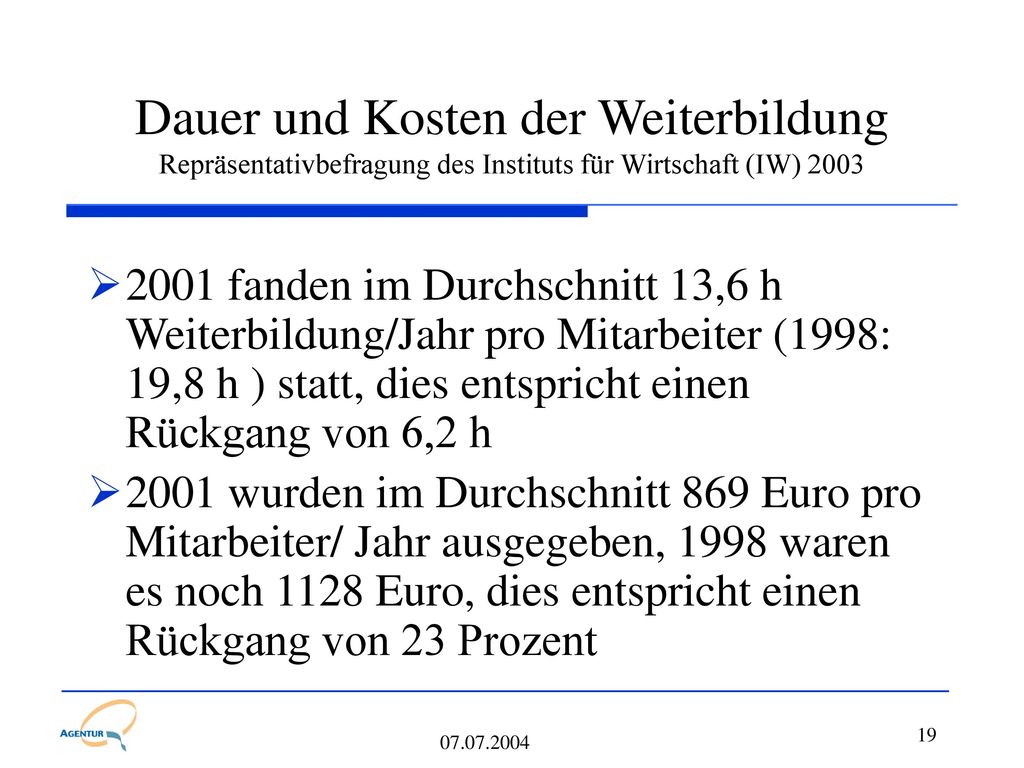 Dauer und Kosten der Weiterbildung Repräsentativbefragung des Instituts für Wirtschaft (IW) 2003