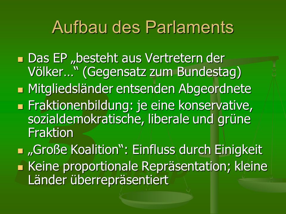 Aufbau des Parlaments Das EP „besteht aus Vertretern der Völker… (Gegensatz zum Bundestag) Mitgliedsländer entsenden Abgeordnete.