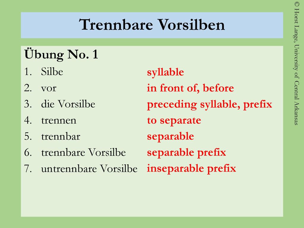 Trennbare Vorsilben Übung No. 1 Silbe vor syllable die Vorsilbe