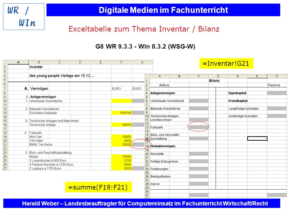 Exceltabelle zum Thema Inventar / Bilanz G8 WR WIn 8. 3