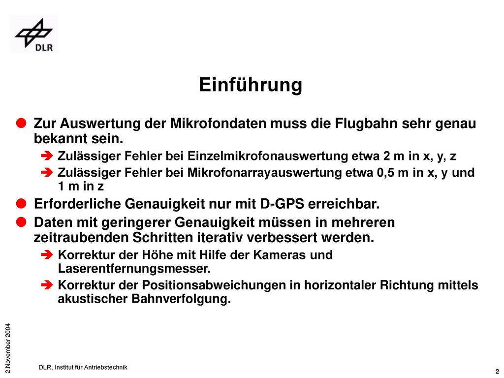 Einführung Zur Auswertung der Mikrofondaten muss die Flugbahn sehr genau bekannt sein.