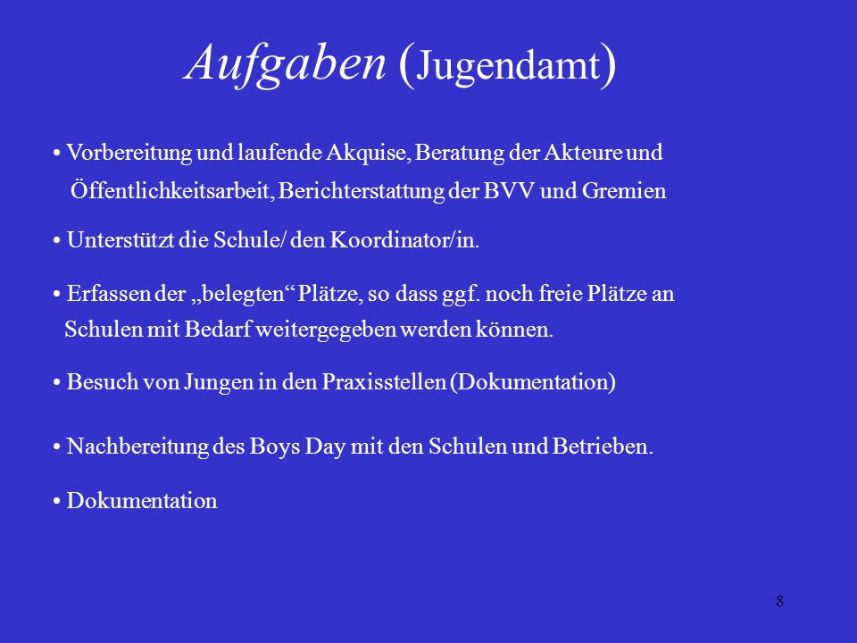 Aufgaben (Jugendamt) Vorbereitung und laufende Akquise, Beratung der Akteure und. Öffentlichkeitsarbeit, Berichterstattung der BVV und Gremien.