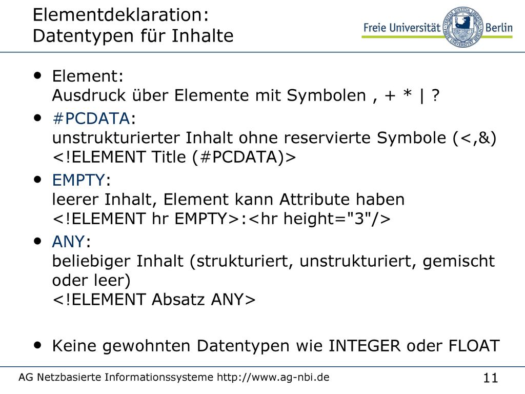 Elementdeklaration: Datentypen für Inhalte