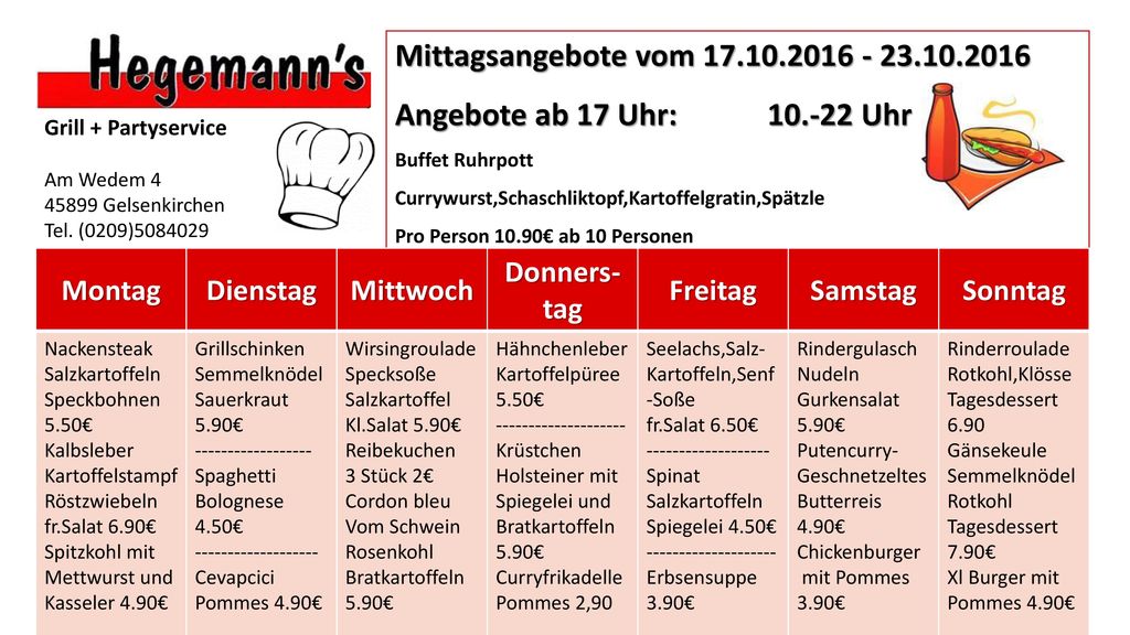 Mittagsangebote vom Angebote ab 17 Uhr: Uhr. Buffet Ruhrpott.
