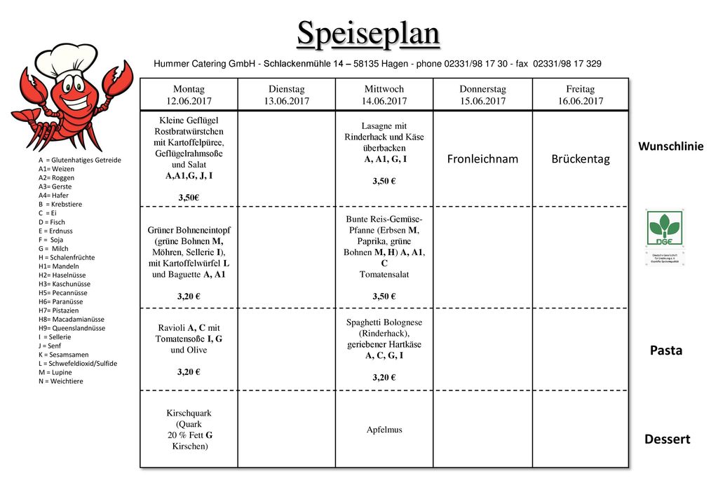 Speiseplan Pasta Dessert Fronleichnam Brückentag Wunschlinie Montag