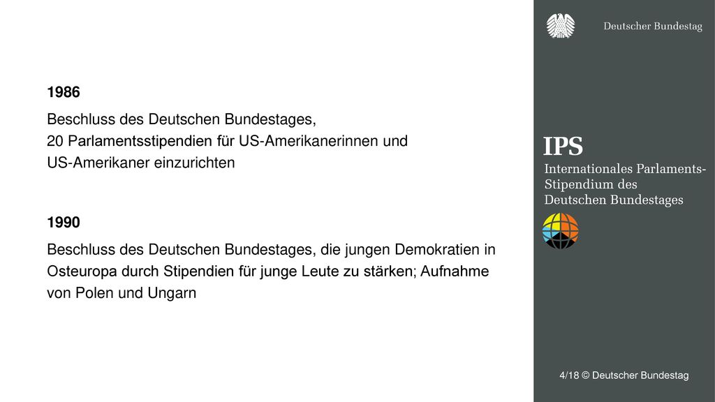 1986 Beschluss des Deutschen Bundestages, 20 Parlamentsstipendien für US-Amerikanerinnen und US-Amerikaner einzurichten.