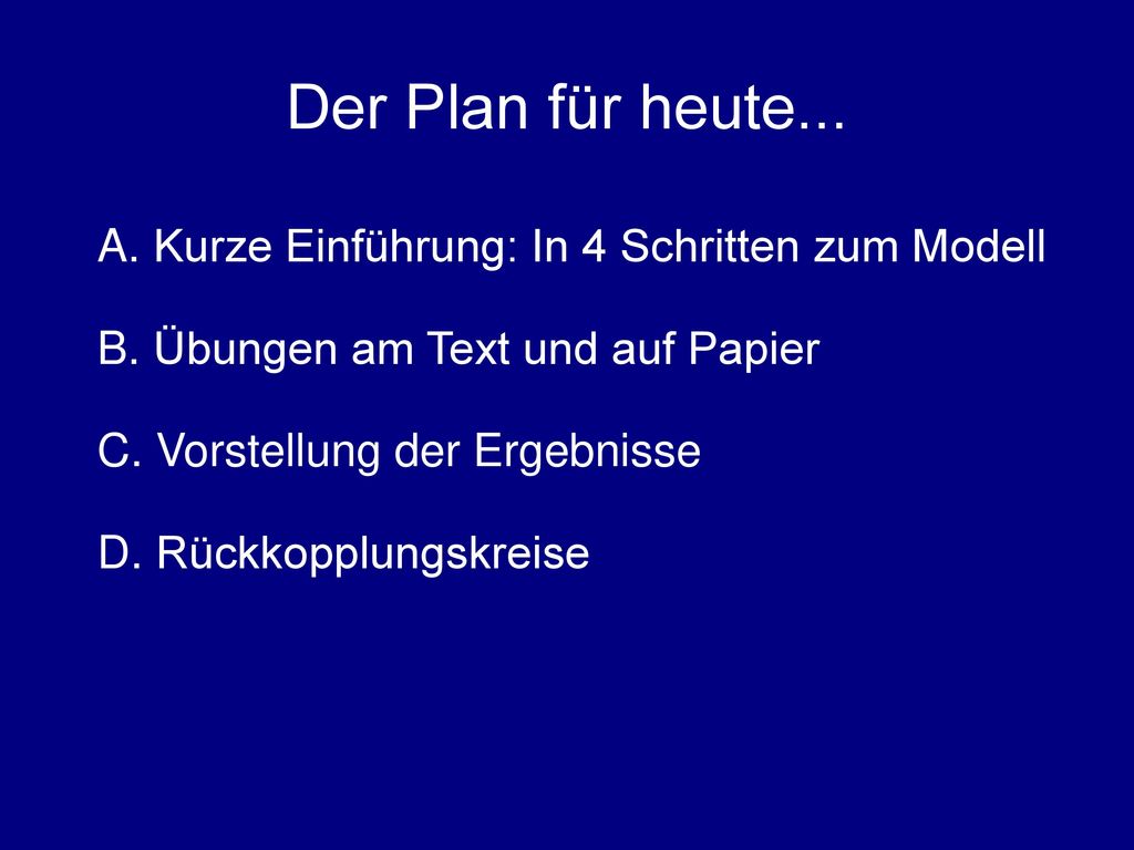 Der Plan für heute... Kurze Einführung: In 4 Schritten zum Modell