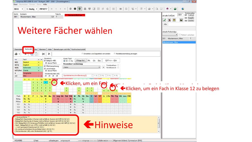 Weitere Fächer wählen Hinweise Klicken, um ein Fach 4 HJ zu belegen