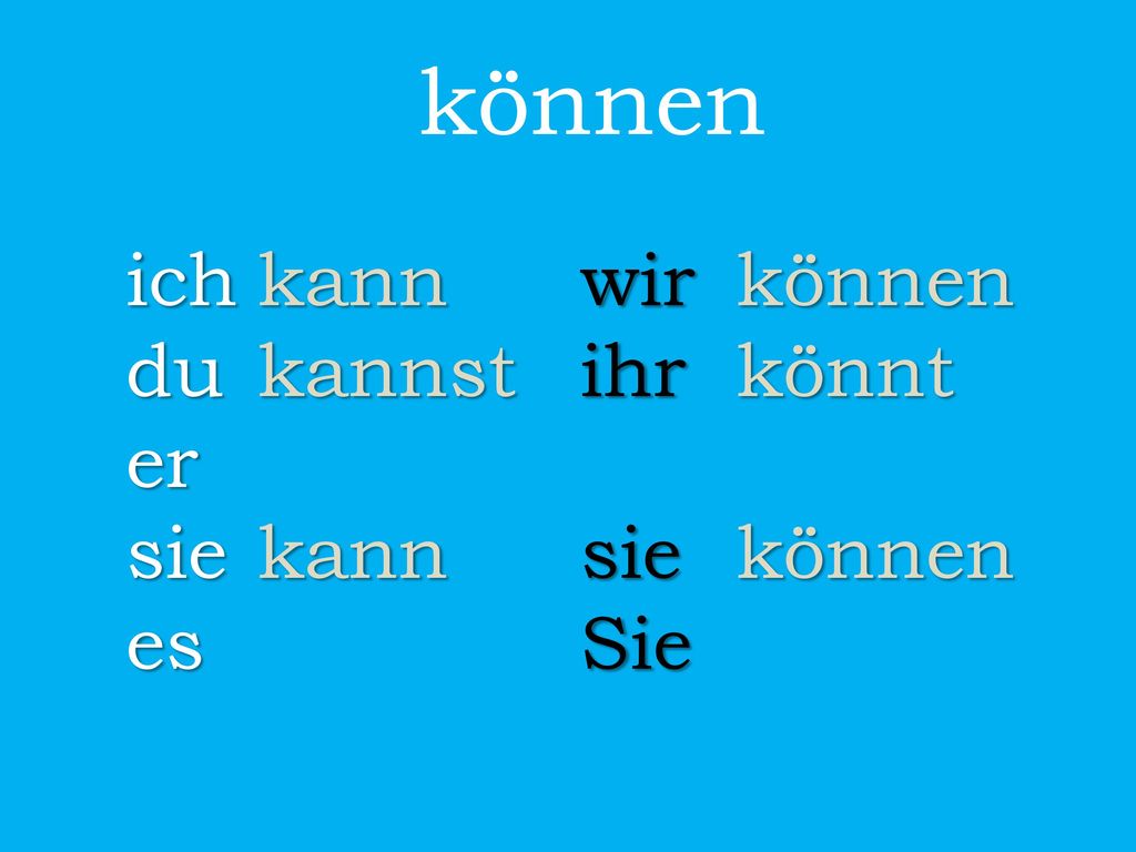 können ich wir du ihr er sie sie es Sie kann können kannst könnt