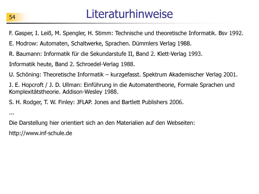 Literaturhinweise F. Gasper, I. Leiß, M. Spengler, H. Stimm: Technische und theoretische Informatik. Bsv