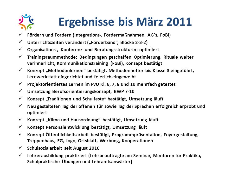 Ergebnisse bis März 2011 Fördern und Fordern (Integrations-, Fördermaßnahmen, AG´s, FoBi) Unterrichtszeiten verändert („Förderband , Blöcke 2-3-2)