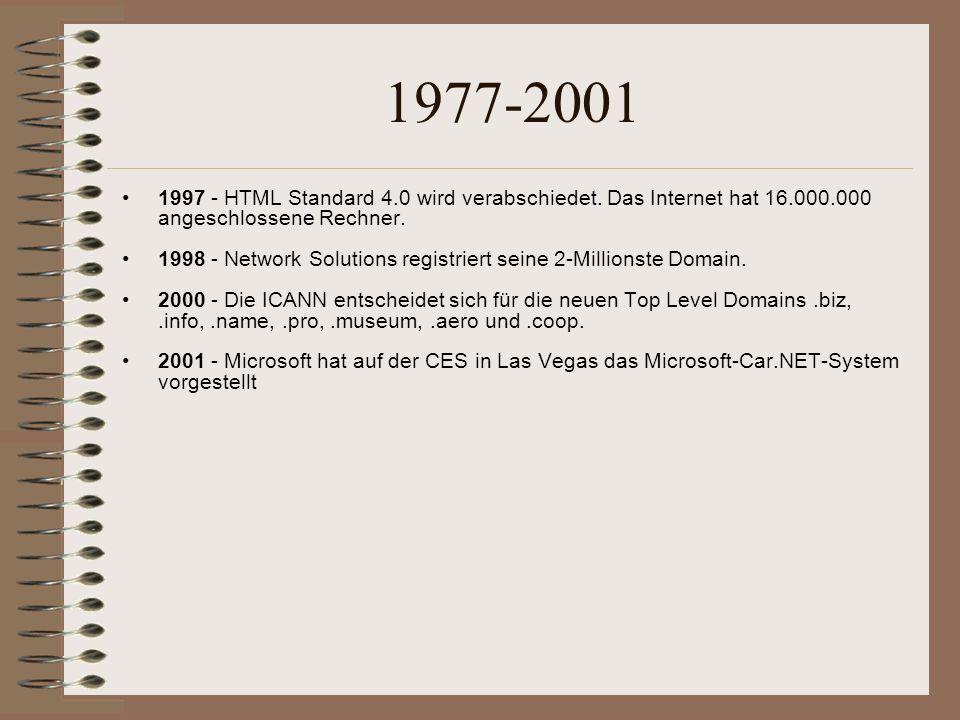 HTML Standard 4.0 wird verabschiedet. Das Internet hat angeschlossene Rechner.