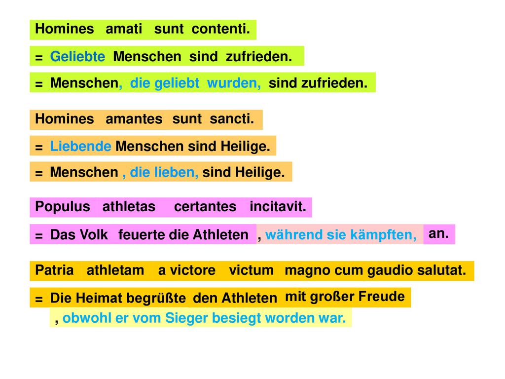 Homines amati. sunt contenti. = Geliebte Menschen sind zufrieden. = Menschen, die geliebt wurden, sind zufrieden.