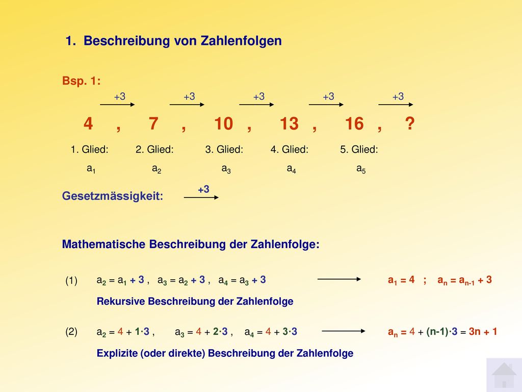4 , 7 , 10 , 13 , 16 , 1. Beschreibung von Zahlenfolgen Bsp. 1:
