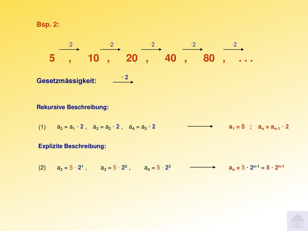 5 , 10 , 20 , 40 , 80 , Bsp. 2: Gesetzmässigkeit: ·2 ·2 ·2 ·2 ·2