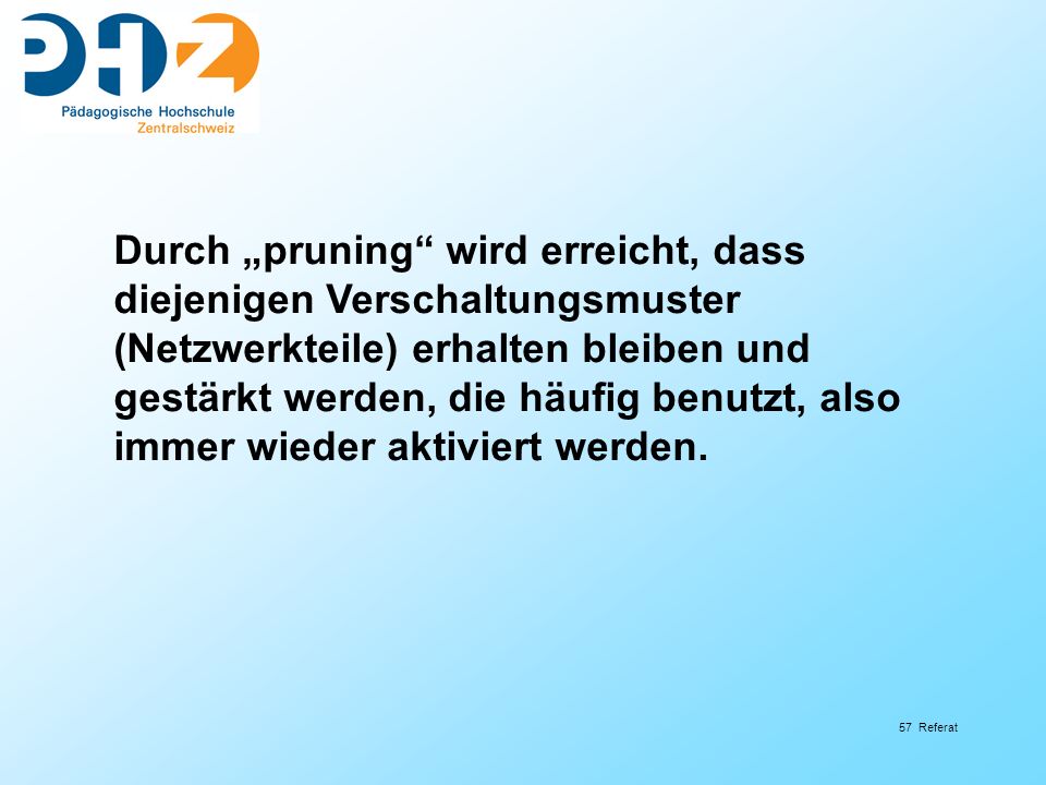 Durch „pruning wird erreicht, dass diejenigen Verschaltungsmuster (Netzwerkteile) erhalten bleiben und gestärkt werden, die häufig benutzt, also immer wieder aktiviert werden.