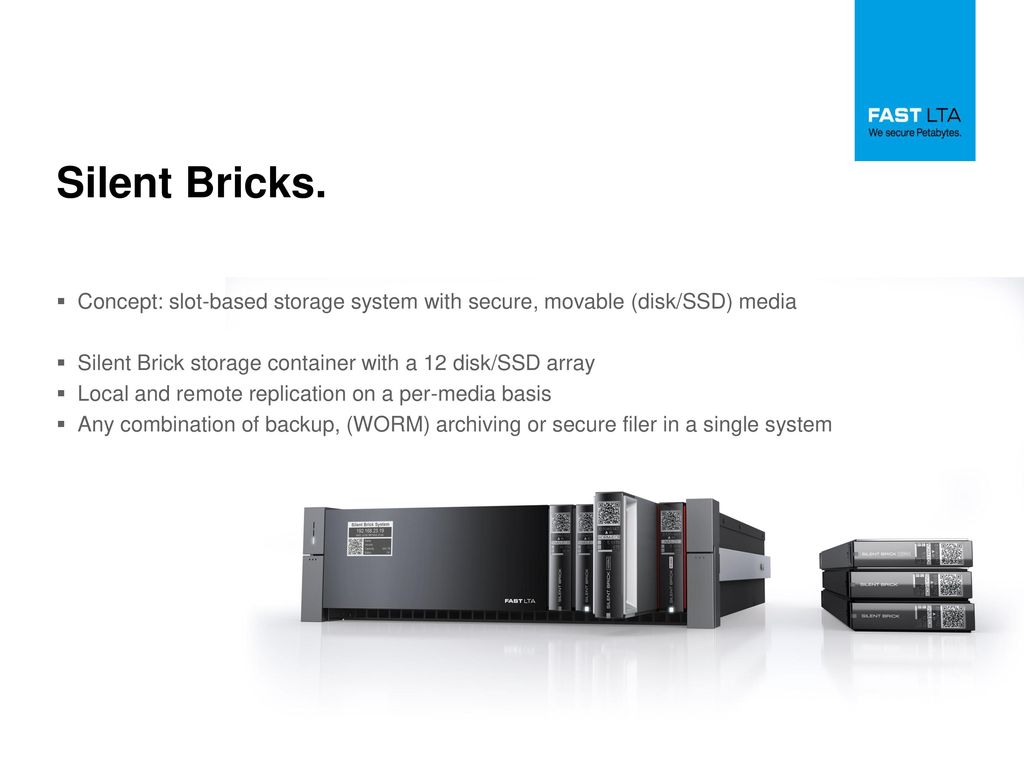 Silent Bricks. Concept: slot-based storage system with secure, movable (disk/SSD) media. Silent Brick storage container with a 12 disk/SSD array.