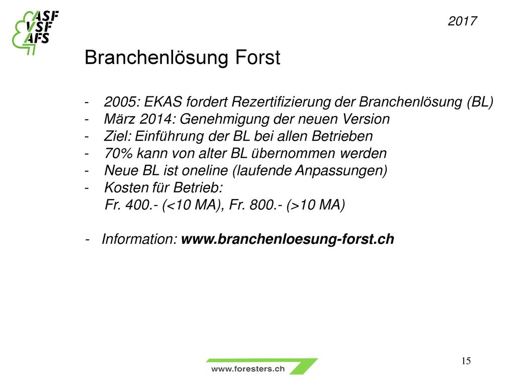 2017 Branchenlösung Forst. 2005: EKAS fordert Rezertifizierung der Branchenlösung (BL) März 2014: Genehmigung der neuen Version.