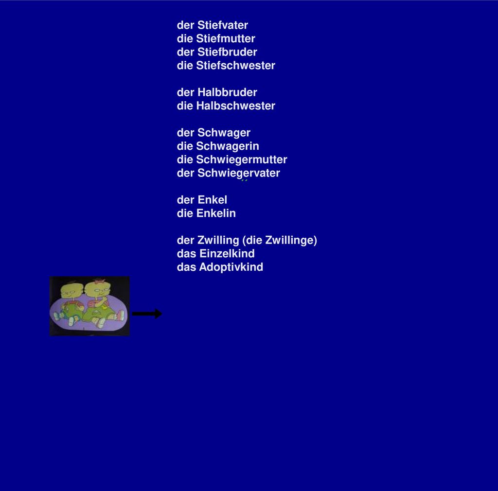 der Stiefvater die Stiefmutter. der Stiefbruder. die Stiefschwester. der Halbbruder. die Halbschwester.