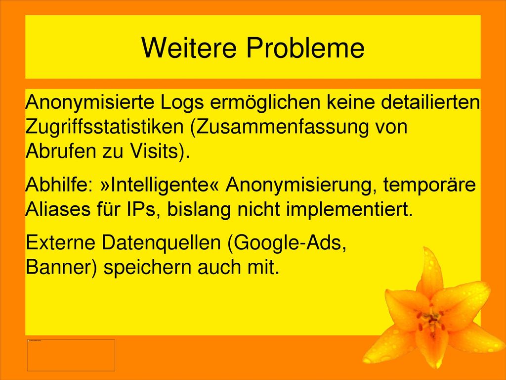 Weitere Probleme Anonymisierte Logs ermöglichen keine detailierten Zugriffsstatistiken (Zusammenfassung von Abrufen zu Visits).