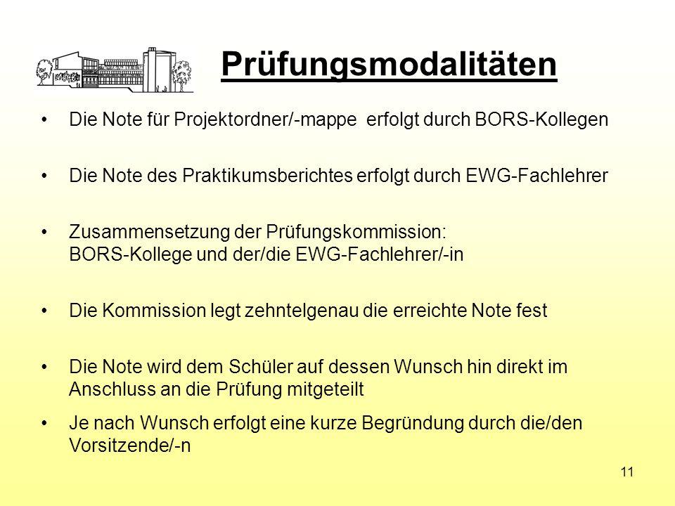Prüfungsmodalitäten Die Note für Projektordner/-mappe erfolgt durch BORS-Kollegen. Die Note des Praktikumsberichtes erfolgt durch EWG-Fachlehrer.
