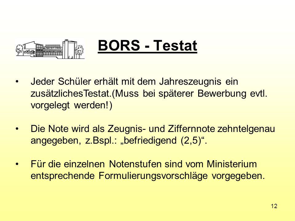 BORS - Testat Jeder Schüler erhält mit dem Jahreszeugnis ein zusätzlichesTestat.(Muss bei späterer Bewerbung evtl. vorgelegt werden!)