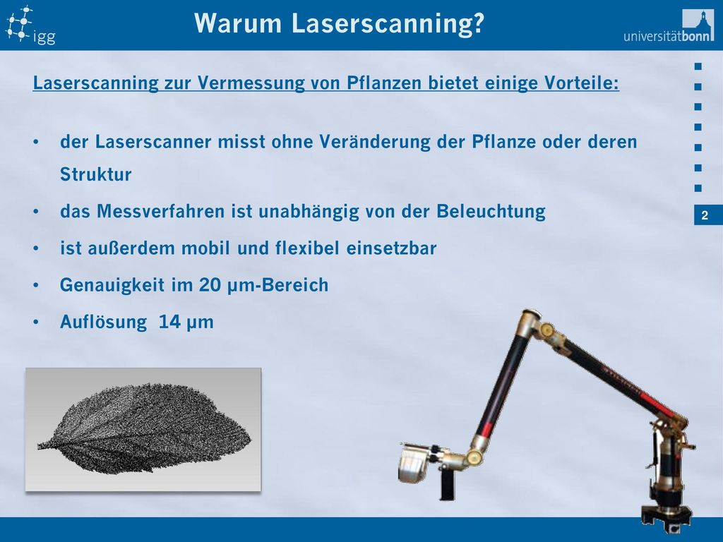 Warum Laserscanning Laserscanning zur Vermessung von Pflanzen bietet einige Vorteile: