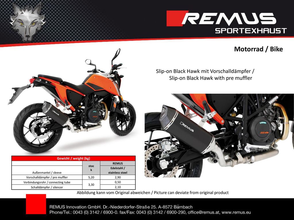 Motorrad / Bike Slip-on Black Hawk mit Vorschalldämpfer / Slip-on Black Hawk with pre muffler. Gewicht / weight (kg)