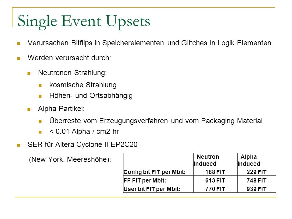 Single Event Upsets Verursachen Bitflips in Speicherelementen und Glitches in Logik Elementen. Werden verursacht durch: