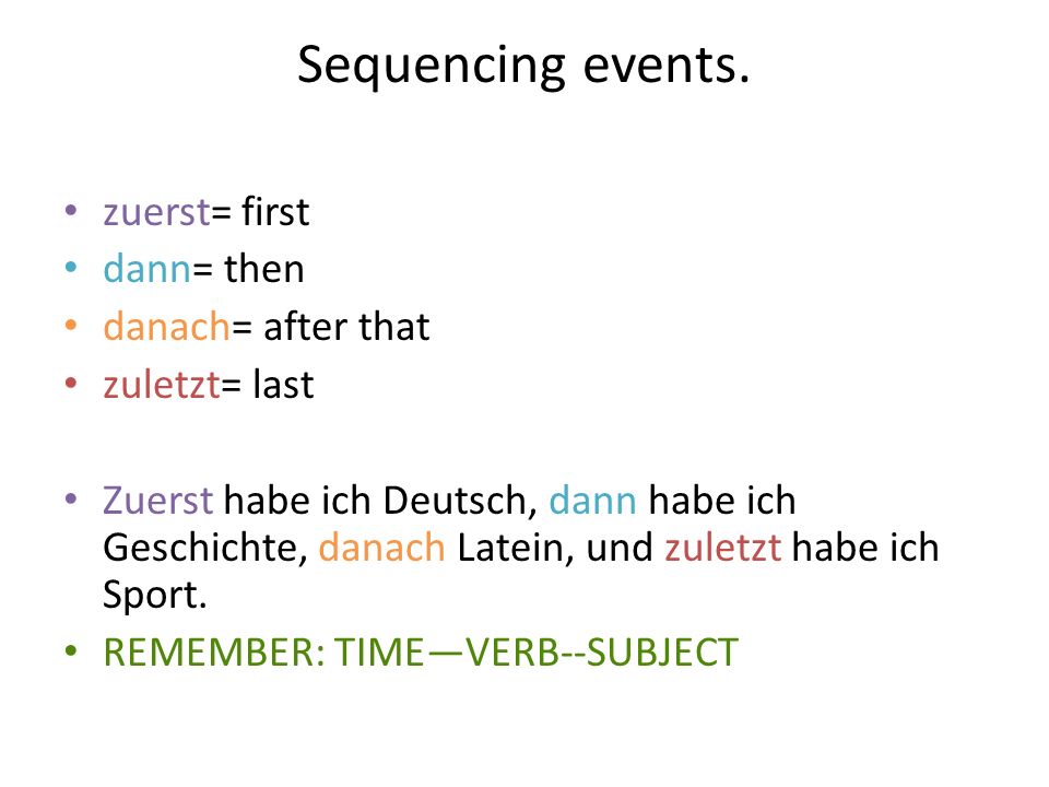 Sequencing events. zuerst= first dann= then danach= after that