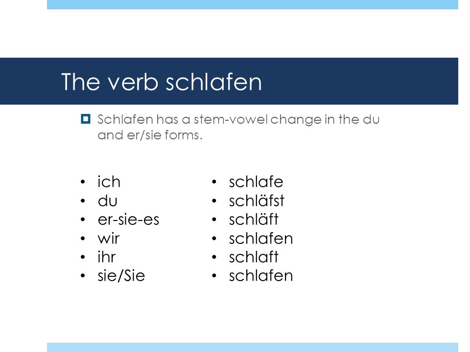 The verb schlafen ich du er-sie-es wir ihr sie/Sie schlafe schläfst
